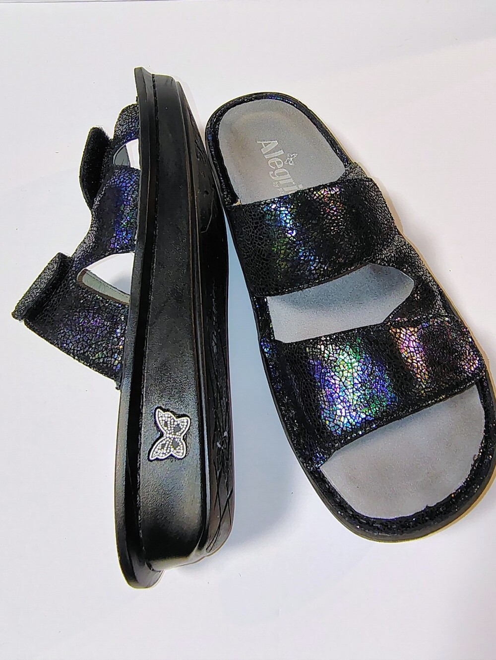 Alegria Stella Aura Iridescent Leather Adjustable Wedge Slide Sandals 39